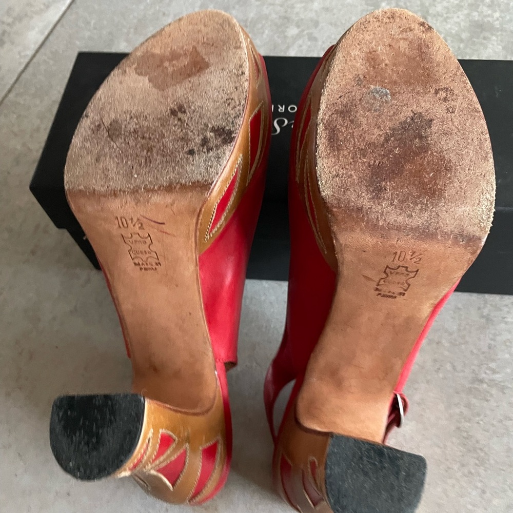 Fluevog Miracle Platforms Bunford slingback heels tan red 10.5 VGUC - Picture 3 of 8